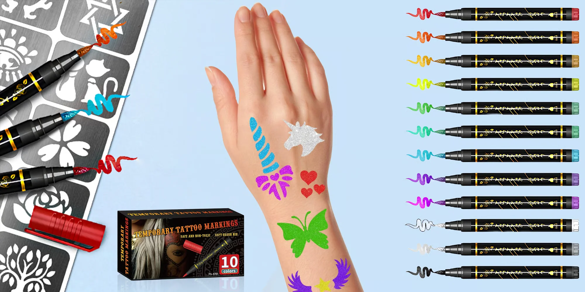 10 Color Temporary Tattoo Markers Set