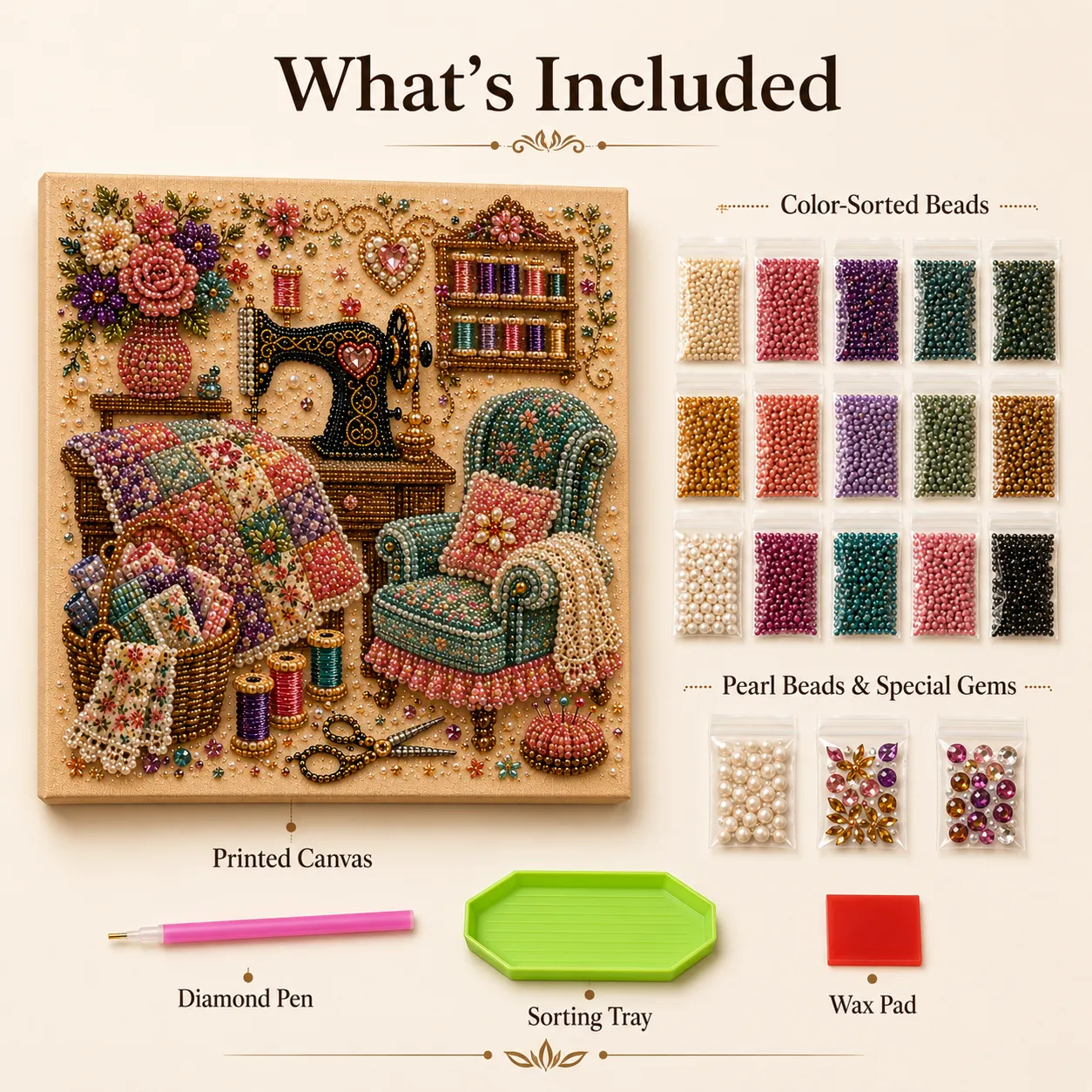 Diamond painting kit contents with printed canvas color-sorted beads pearl beads special gems pen tray and wax pad