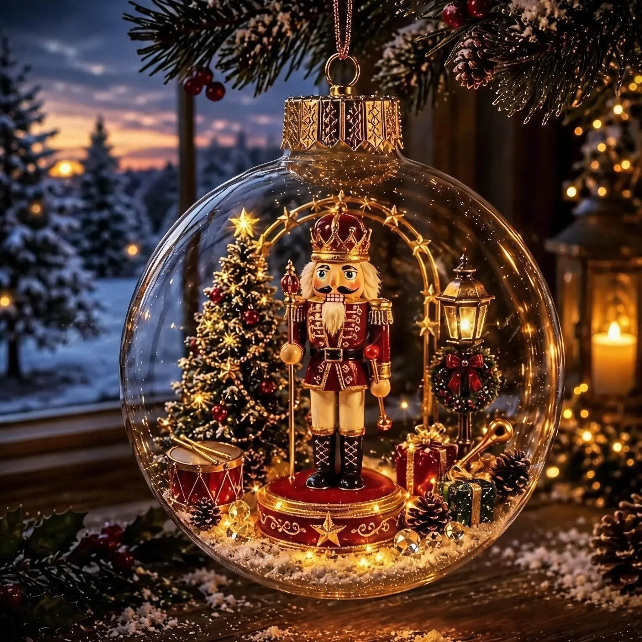 The Nutcracker globe hanging from a branch with its warm light on