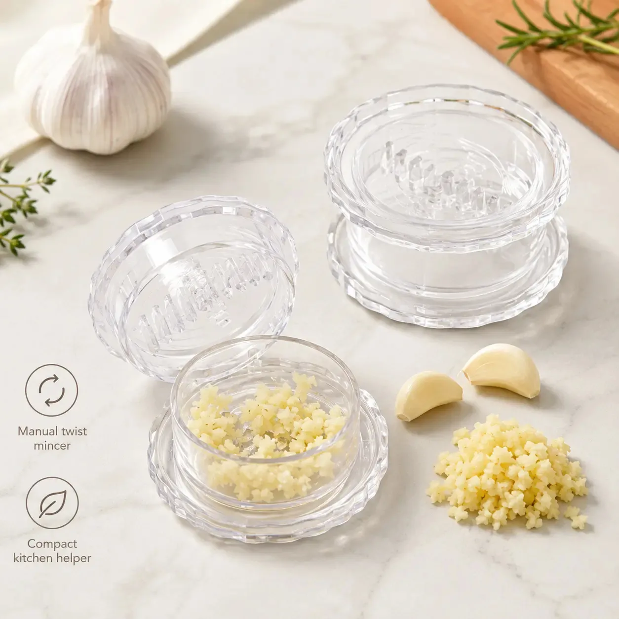 Manual twist garlic mincer and compact kitchen helper