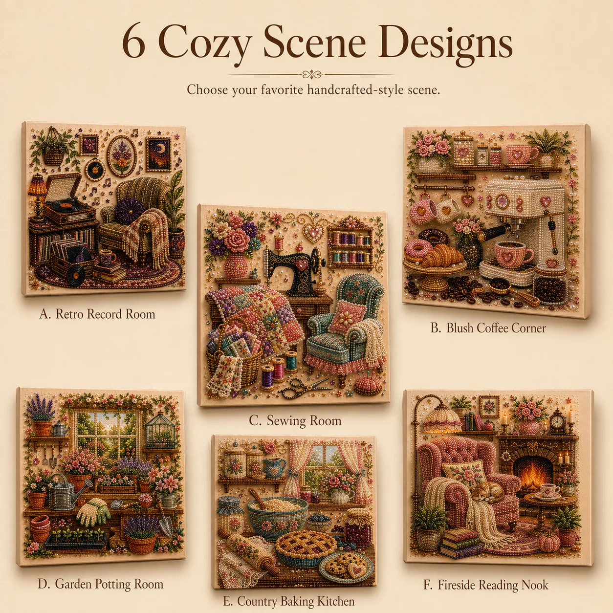 Six cozy scene designs including record room coffee corner sewing room garden room baking kitchen and reading nook