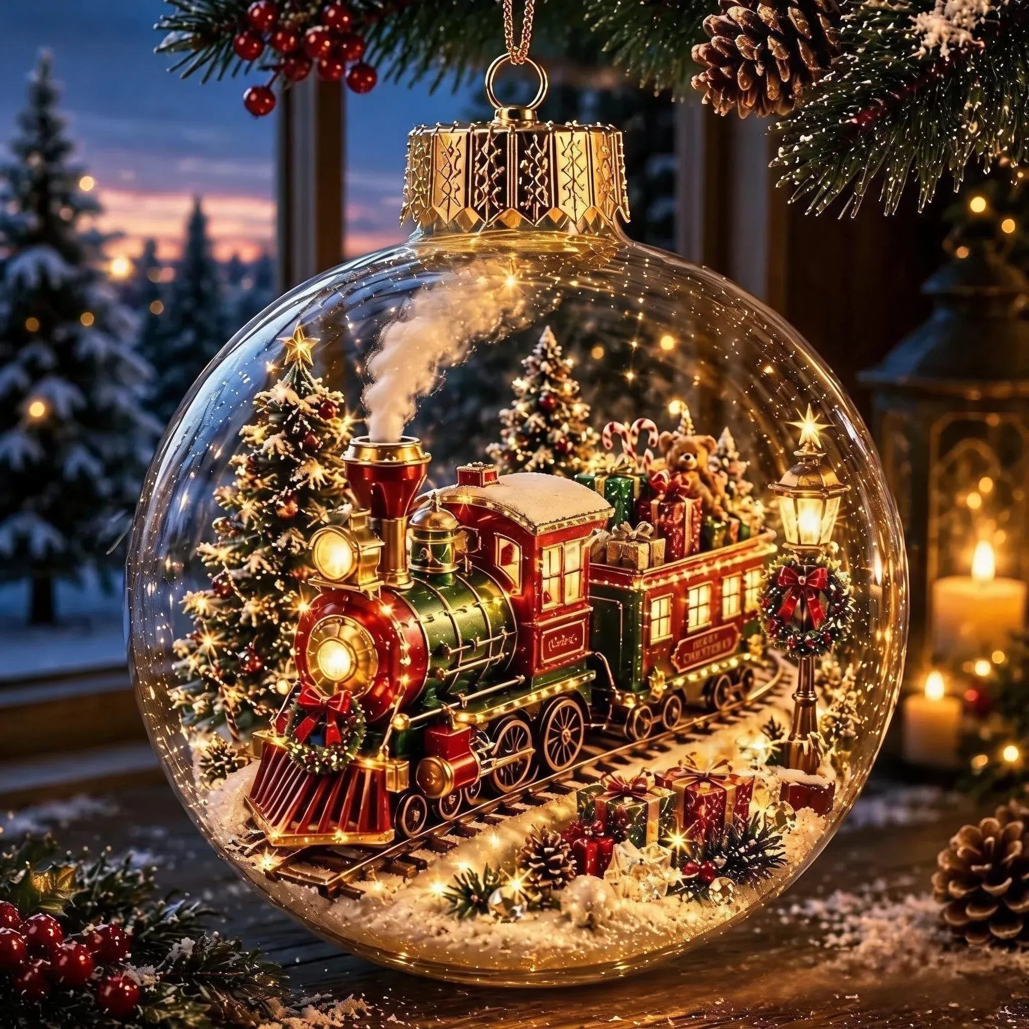 Close view of the Christmas Express train inside its globe, with the lit headlamp, the snow-capped cab and the tender lettered in gold