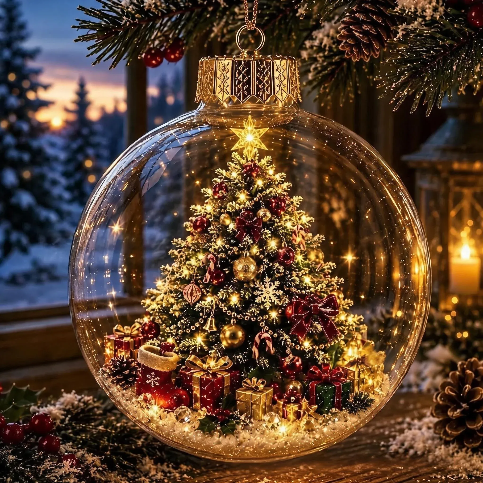 The Christmas Tree globe hanging from a branch with its warm light on